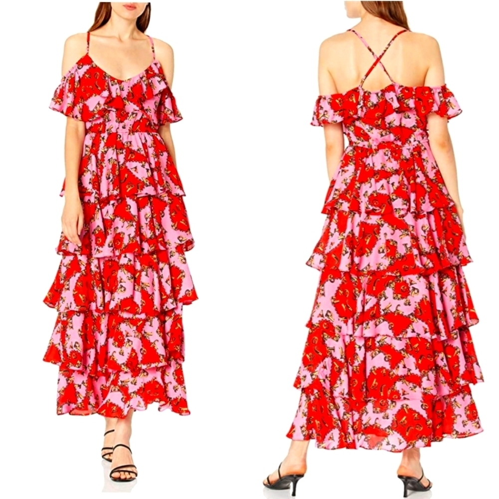 KENDALL + KYLIE Women's Tiered Ruffle V Neck Dress, Ankle Length, Size XS